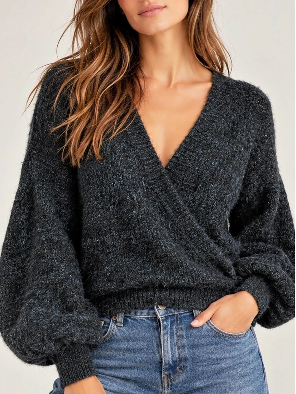 Free People Black Fuzzy Wrap Sweater Balloon Sleeve Wool Alpaca S EUC